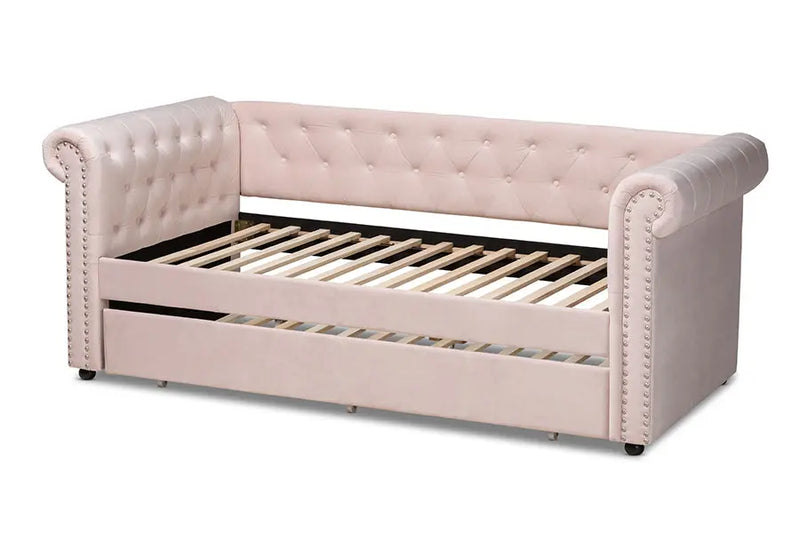 Dawson Light Pink Velvet Upholstered Daybed w/Trundle iHome Studio