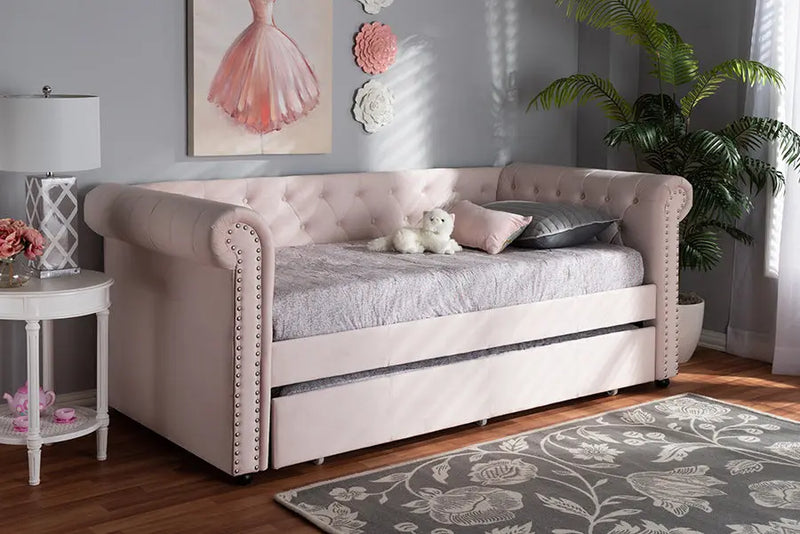 Dawson Light Pink Velvet Upholstered Daybed w/Trundle iHome Studio