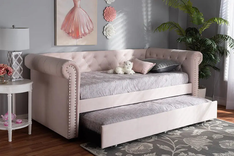 Dawson Light Pink Velvet Upholstered Daybed w/Trundle iHome Studio