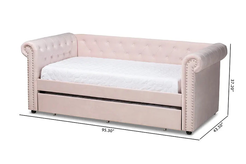 Dawson Light Pink Velvet Upholstered Daybed w/Trundle iHome Studio