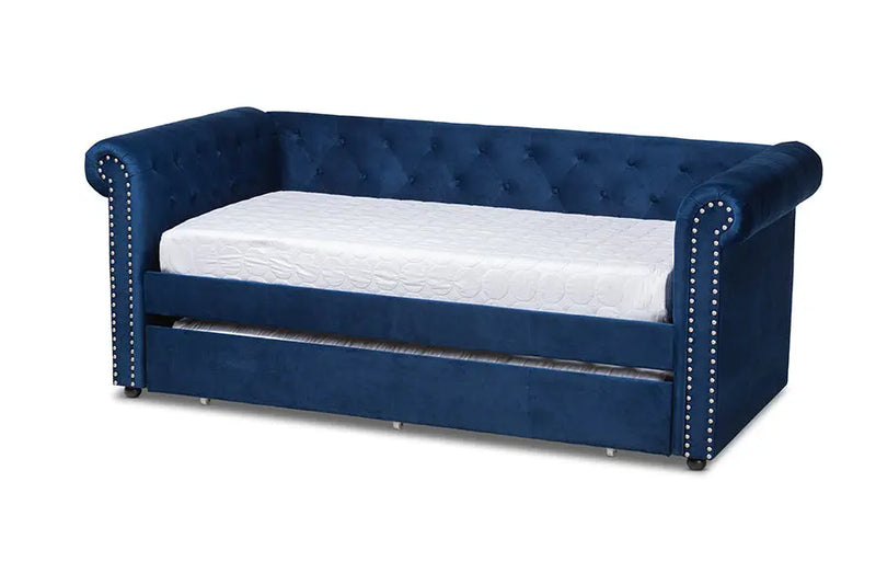 Dawson Navy Blue Velvet Upholstered Daybed w/Trundle iHome Studio