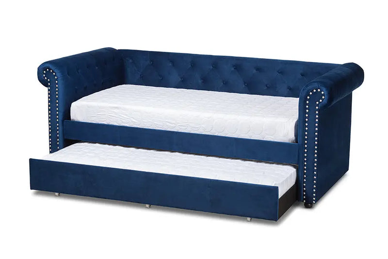 Dawson Navy Blue Velvet Upholstered Daybed w/Trundle iHome Studio