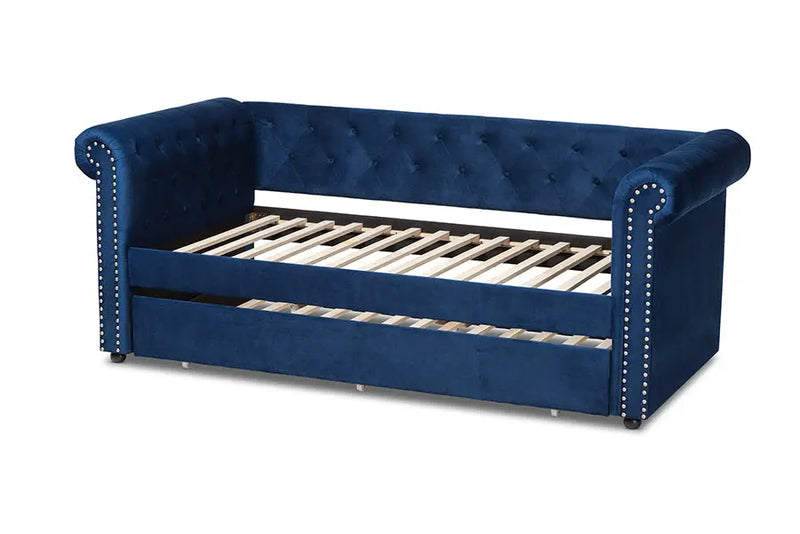 Dawson Navy Blue Velvet Upholstered Daybed w/Trundle iHome Studio