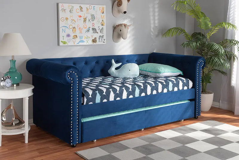 Dawson Navy Blue Velvet Upholstered Daybed w/Trundle iHome Studio