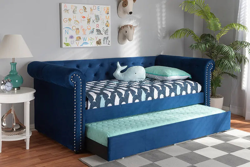 Dawson Navy Blue Velvet Upholstered Daybed w/Trundle iHome Studio