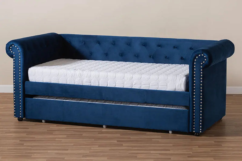 Dawson Navy Blue Velvet Upholstered Daybed w/Trundle iHome Studio