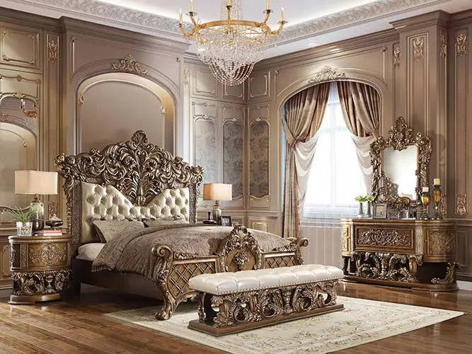 Demi King Bed, Faux Leather, Light Gold, Brown & Gold Finish iHome Studio