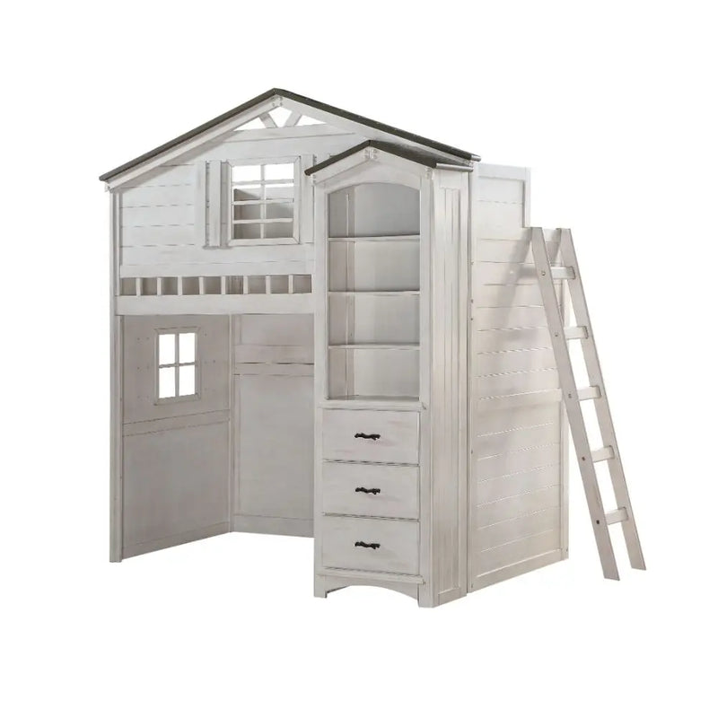 Denver Twin Loft Bed, Weathered White & Washed Gray iHome Studio