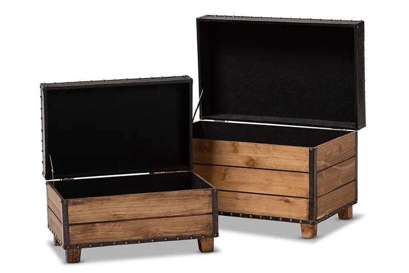 Dominic Dark Brown Faux Leather Upholstered 2-Piece Wood Storage Trunk Ottoman Set iHome Studio