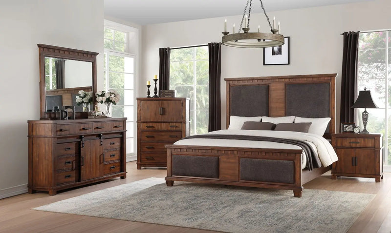 Dorian Queen Bed, Brown Fabric & Cherry Oak iHome Studio