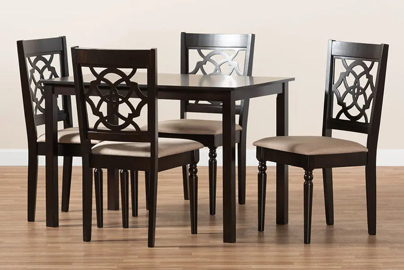 Downey Sand Fabric Upholstered Espresso Brown Finished 5pcs Wood Dining Set iHome Studio