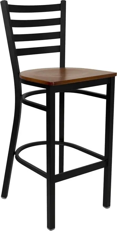 Dyersburg 29"H Metal Barstool Black Full Ladder Back, Cherry Wood Seat iHome Studio