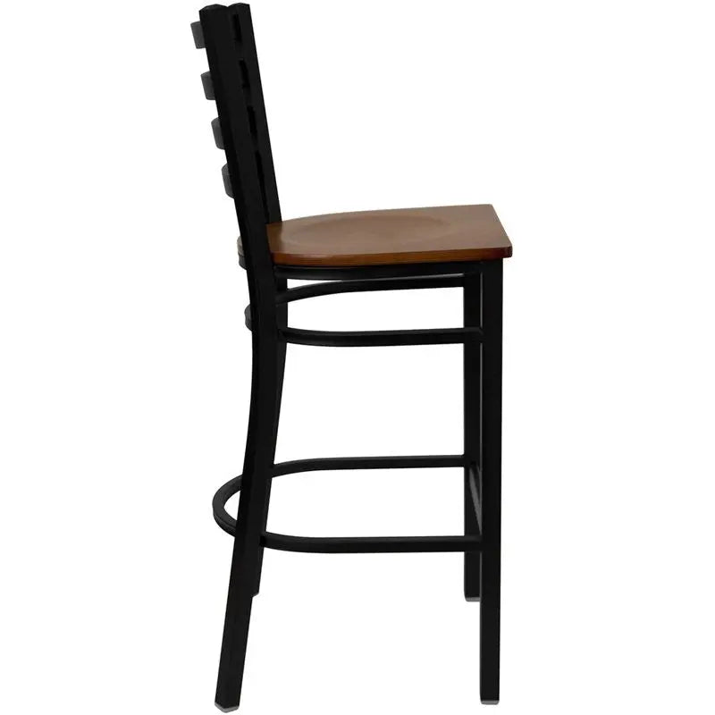 Dyersburg 29"H Metal Barstool Black Full Ladder Back, Cherry Wood Seat iHome Studio