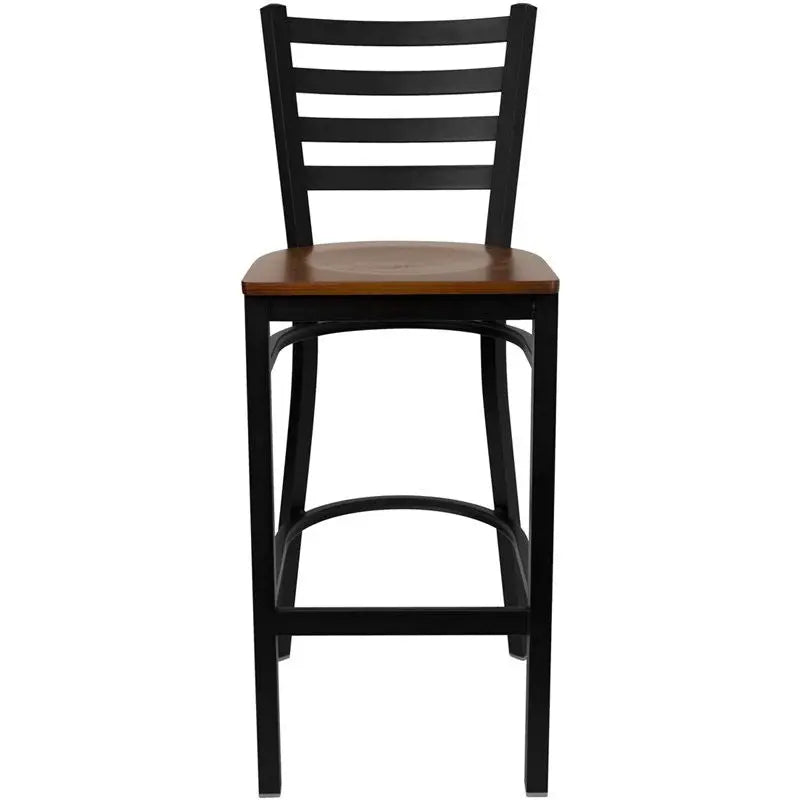 Dyersburg 29"H Metal Barstool Black Full Ladder Back, Cherry Wood Seat iHome Studio