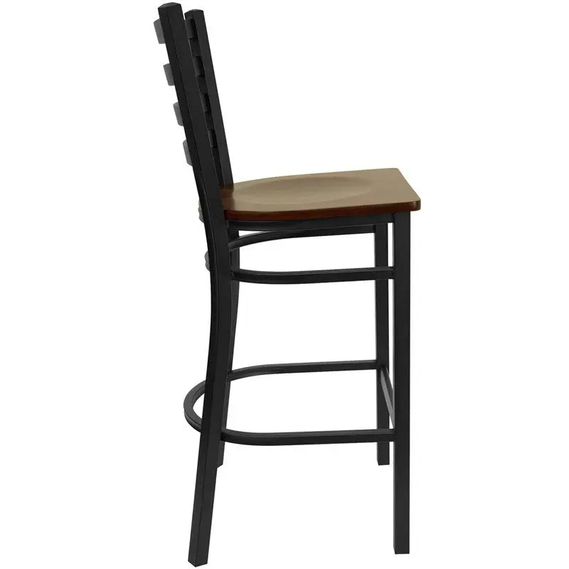 Dyersburg 29"H Metal Barstool Black Full Ladder Back, Mahogany Wood Seat iHome Studio