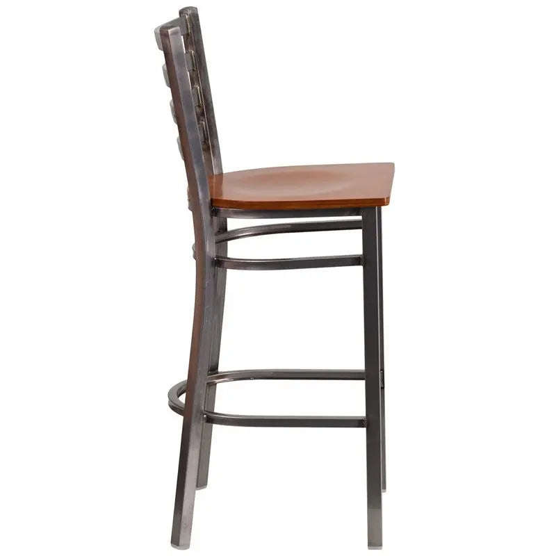 Dyersburg 29"H Metal Barstool Clear Coat Ladder Back, Cherry Wood Seat iHome Studio