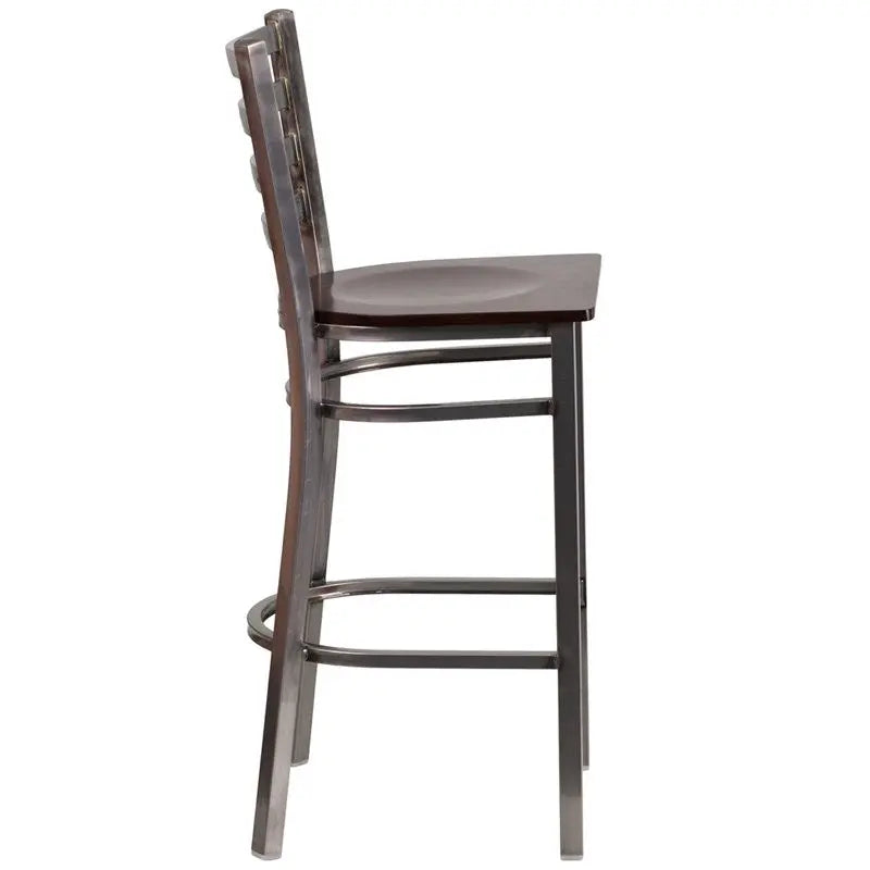 Dyersburg 29"H Metal Barstool Clear Coat Ladder Back, Walnut Wood Seat iHome Studio