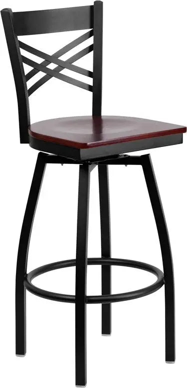 Dyersburg 30"H Metal Barstool Black ''X'' Style Back Swivel, Mahogany Wood Seat iHome Studio