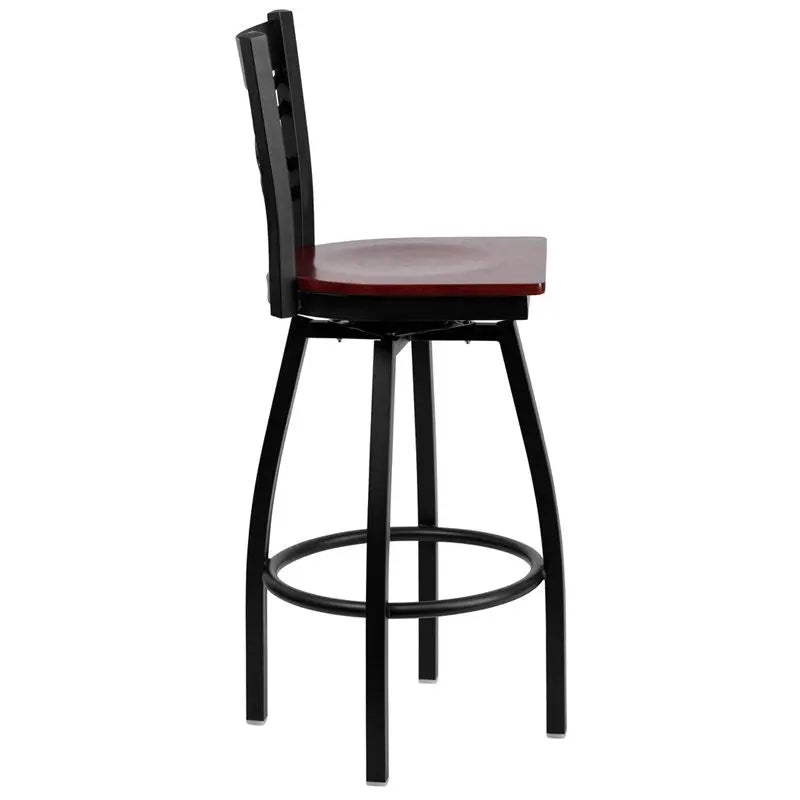 Dyersburg 30"H Metal Barstool Black ''X'' Style Back Swivel, Mahogany Wood Seat iHome Studio