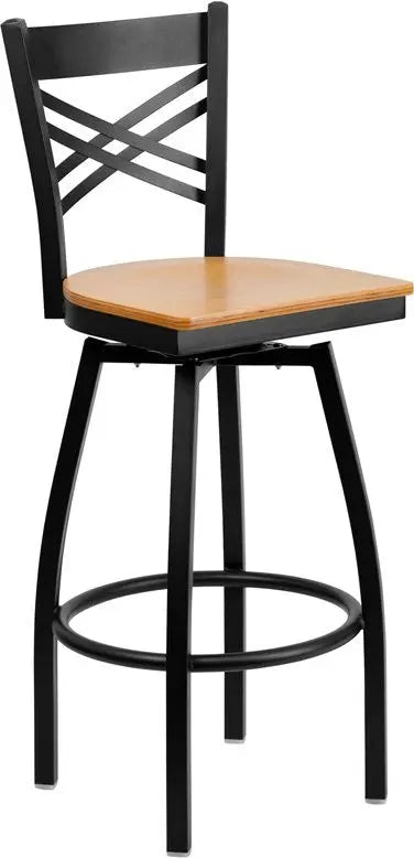 Dyersburg 30"H Metal Barstool Black ''X'' Style Back Swivel, Natural Wood Seat iHome Studio