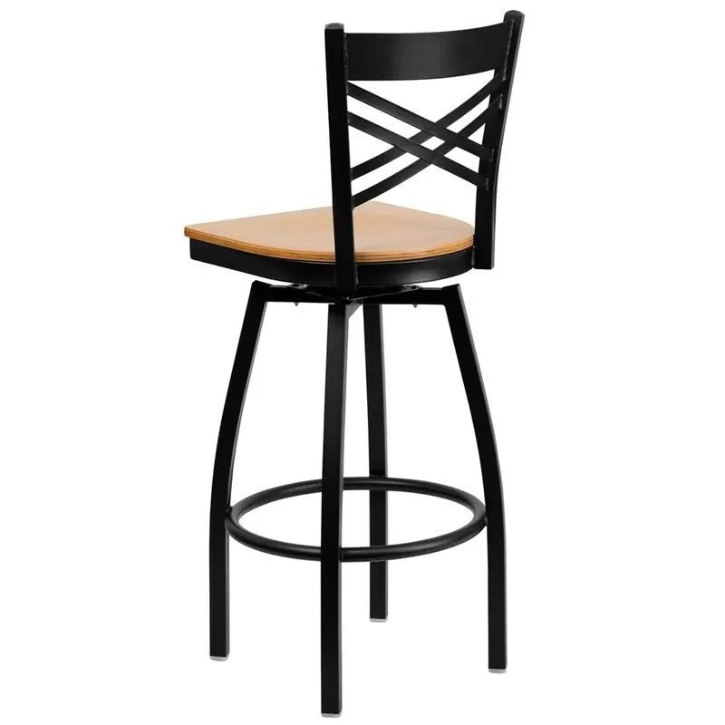 Dyersburg 30"H Metal Barstool Black ''X'' Style Back Swivel, Natural Wood Seat iHome Studio