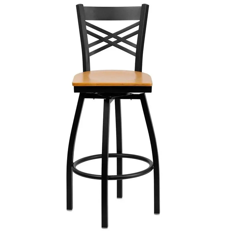 Dyersburg 30"H Metal Barstool Black ''X'' Style Back Swivel, Natural Wood Seat iHome Studio