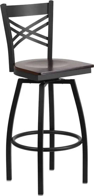 Dyersburg 30"H Metal Barstool Black ''X'' Style Back Swivel, Walnut Wood Seat iHome Studio