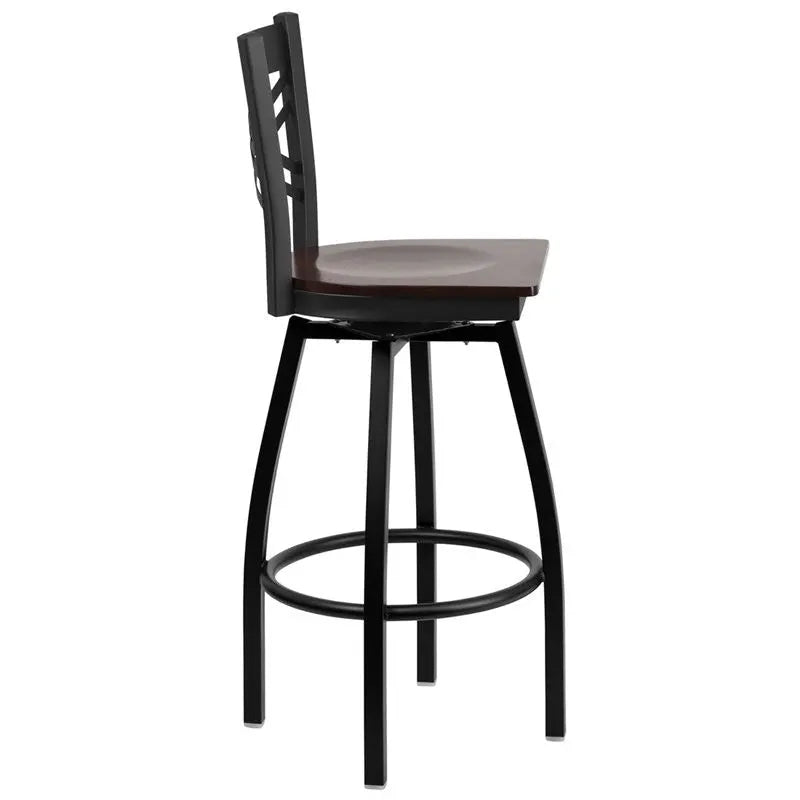 Dyersburg 30"H Metal Barstool Black ''X'' Style Back Swivel, Walnut Wood Seat iHome Studio