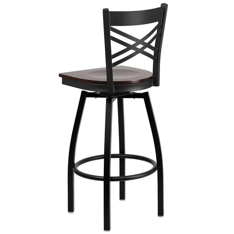 Dyersburg 30"H Metal Barstool Black ''X'' Style Back Swivel, Walnut Wood Seat iHome Studio