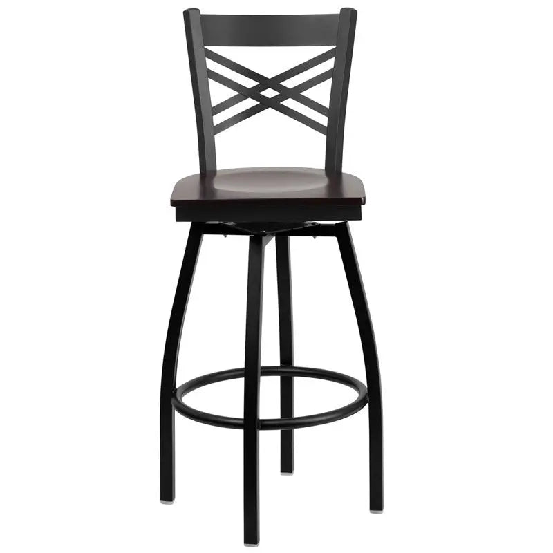 Dyersburg 30"H Metal Barstool Black ''X'' Style Back Swivel, Walnut Wood Seat iHome Studio