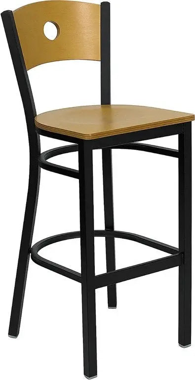 Dyersburg 30"H Metal Barstool Black Circle Back, Natural Wood Back & Seat iHome Studio