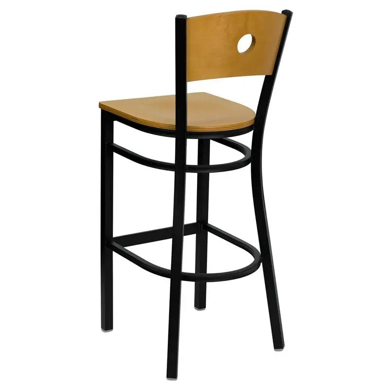 Dyersburg 30"H Metal Barstool Black Circle Back, Natural Wood Back & Seat iHome Studio