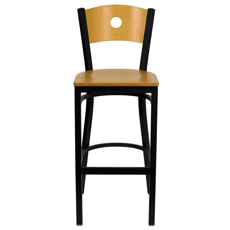 Dyersburg 30"H Metal Barstool Black Circle Back, Natural Wood Back & Seat iHome Studio