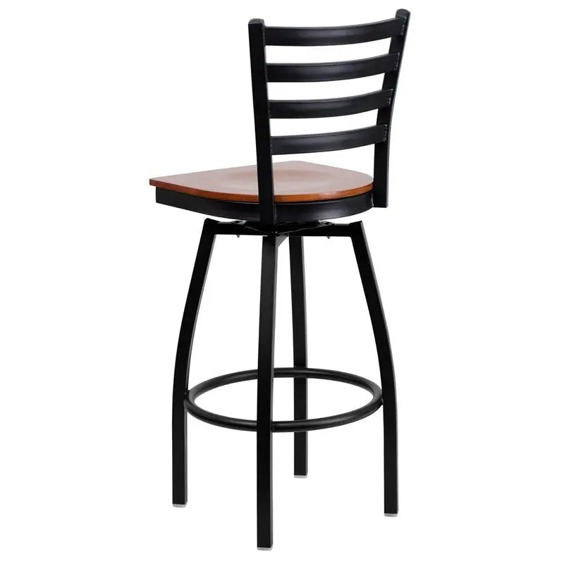 Dyersburg 30"H Metal Barstool Black Ladder Back Swivel, Cherry Wood Seat iHome Studio