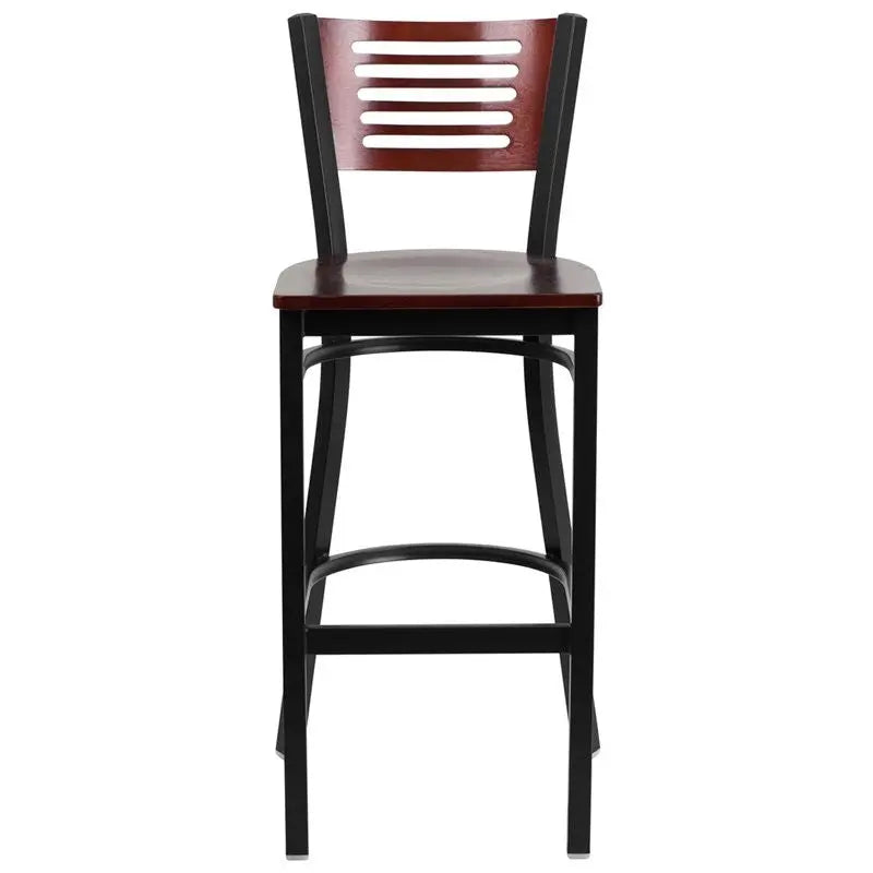 Dyersburg 30"H Metal Barstool Black Slat Back, Mahogany Wood Back & Seat iHome Studio