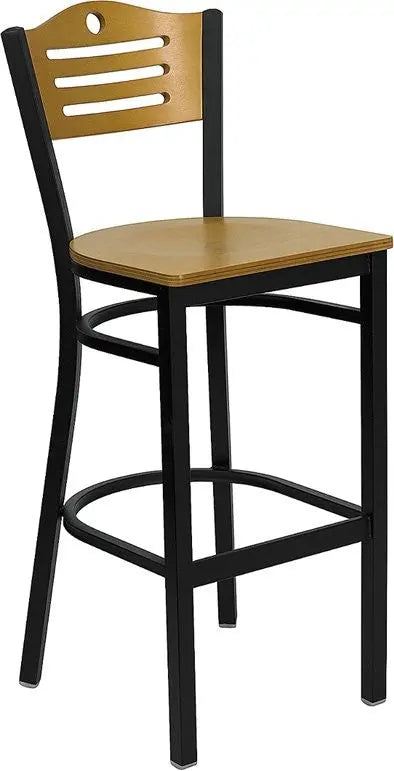 Dyersburg 30"H Metal Barstool Black Slat Back, Natural Wood Back & Seat iHome Studio