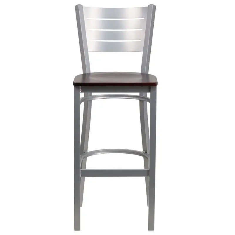 Dyersburg 30"H Metal Barstool Silver Slat Back, Mahogany Wood Seat iHome Studio