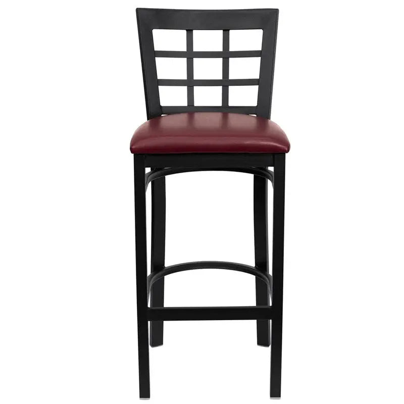 Dyersburg 31"H Metal Barstool Black Window Back, Burgundy Vinyl Seat iHome Studio