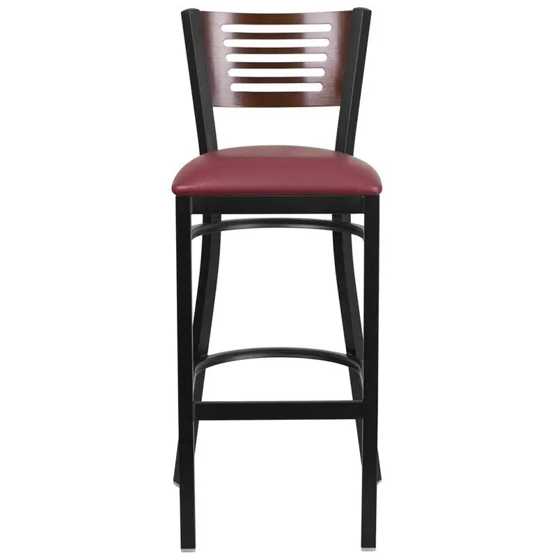 Dyersburg 32"H Metal Barstool Black Slat Back, Walnut Wood/Burgundy Vinyl Seat iHome Studio