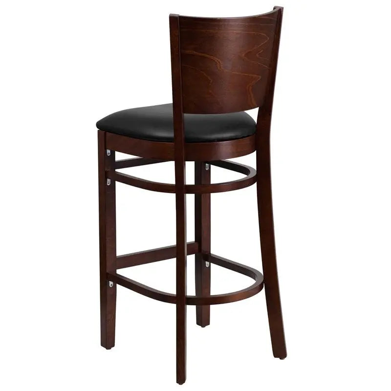 Dyersburg 32"H Wood Barstool Solid Back Walnut, Black Vinyl Seat iHome Studio