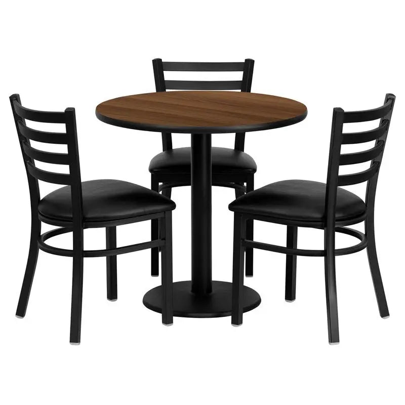 Dyersburg 4pcs Table Set Round 30" Walnut Laminate, Black Vinyl Chair iHome Studio