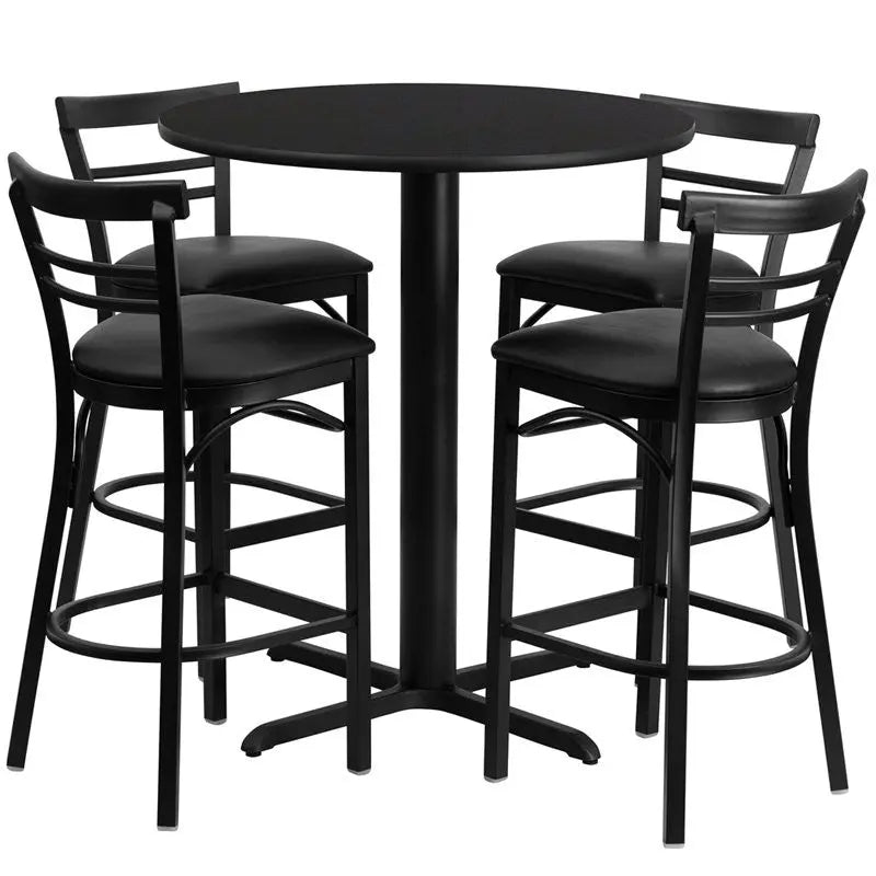 Dyersburg 5pcs Table Set Round 24" Black Laminate X-Base, Black Barstool iHome Studio