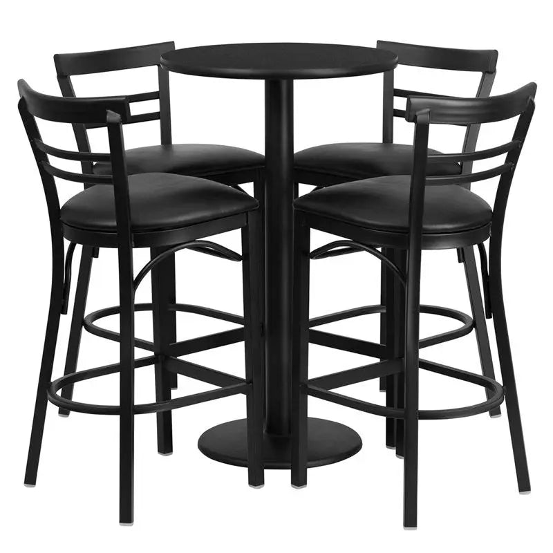 Dyersburg 5pcs Table Set Round 24" Black Laminate, Black Vinyl Barstool iHome Studio