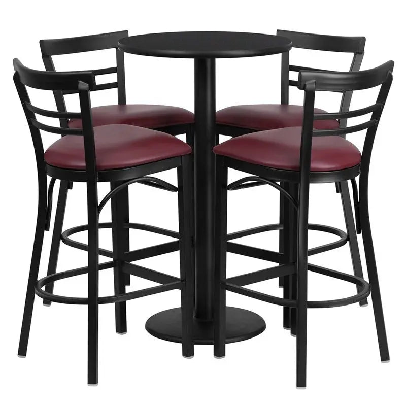 Dyersburg 5pcs Table Set Round 24" Black Laminate, Burgundy Vinyl Barstool iHome Studio