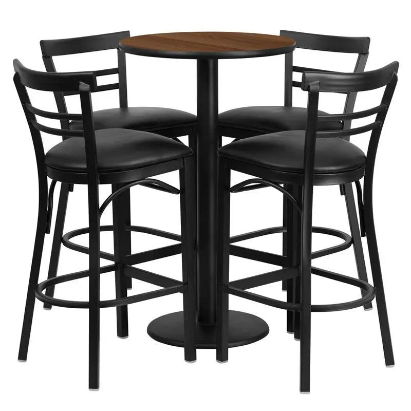 Dyersburg 5pcs Table Set Round 24" Walnut Laminate, Black Vinyl Barstool iHome Studio