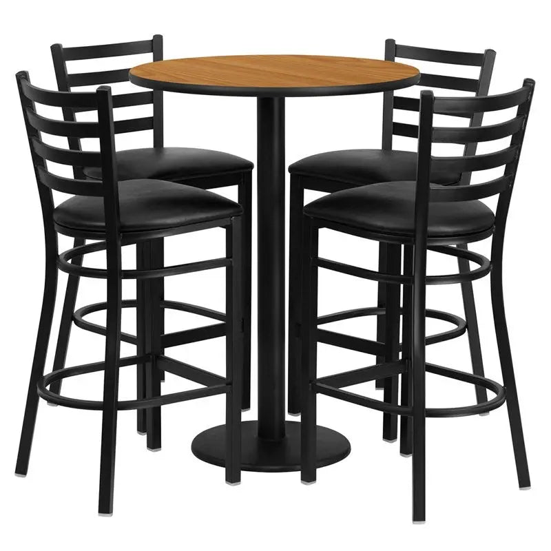 Dyersburg 5pcs Table Set Round 30" Natural Laminate, Black Vinyl Barstool iHome Studio