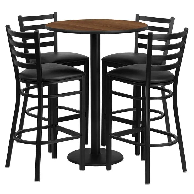 Dyersburg 5pcs Table Set Round 30" Walnut Laminate, Black Vinyl Barstool iHome Studio