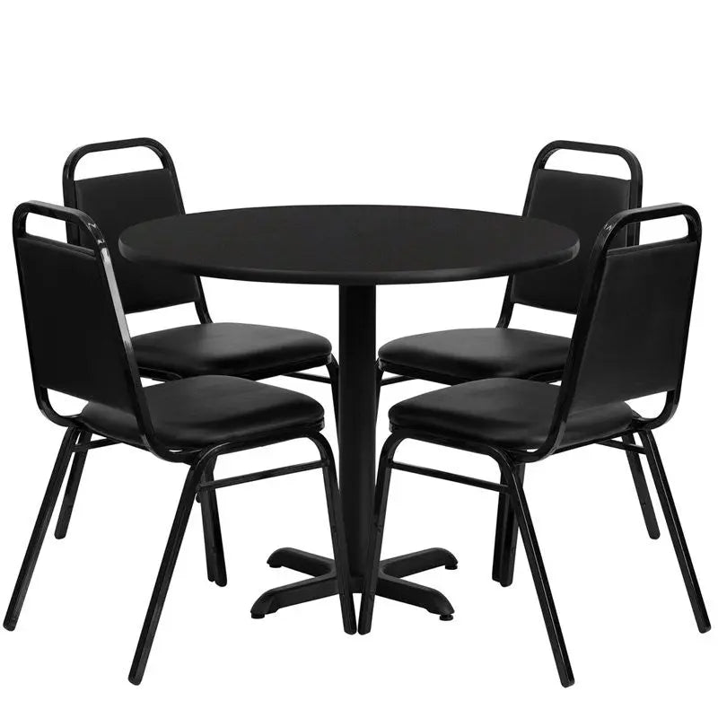 Dyersburg 5pcs Table Set Round 36" Black Laminate X-Base, Black Banquet Chair iHome Studio