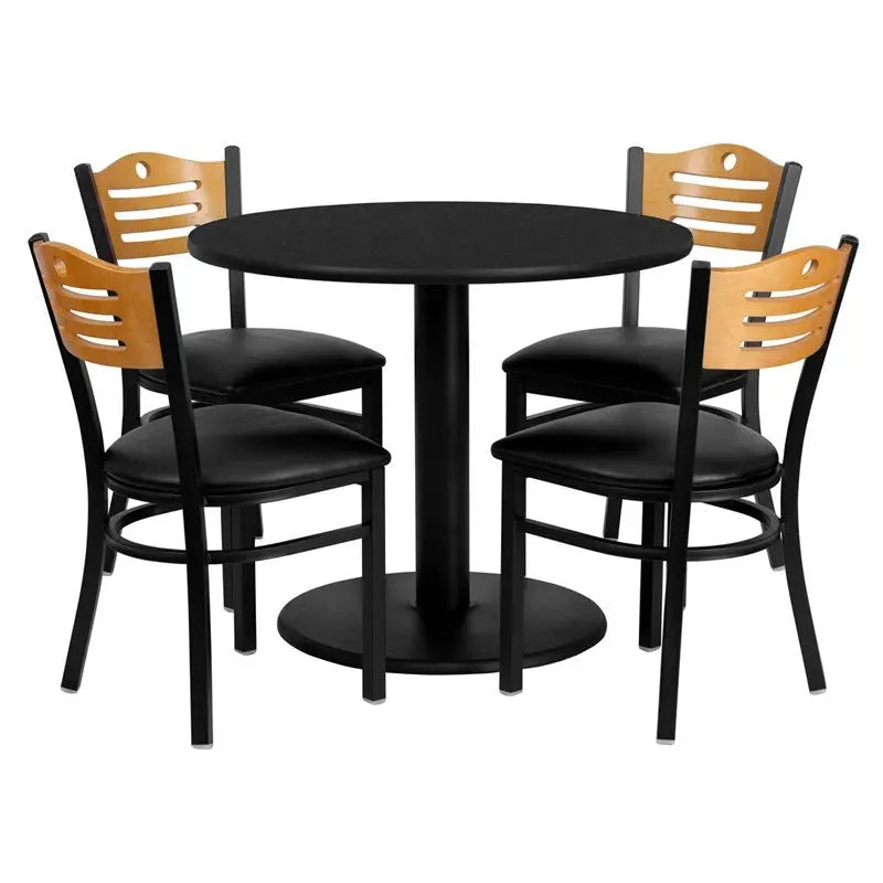 Dyersburg 5pcs Table Set Round 36" Black Laminate, Black Vinyl Slat Back Chair iHome Studio