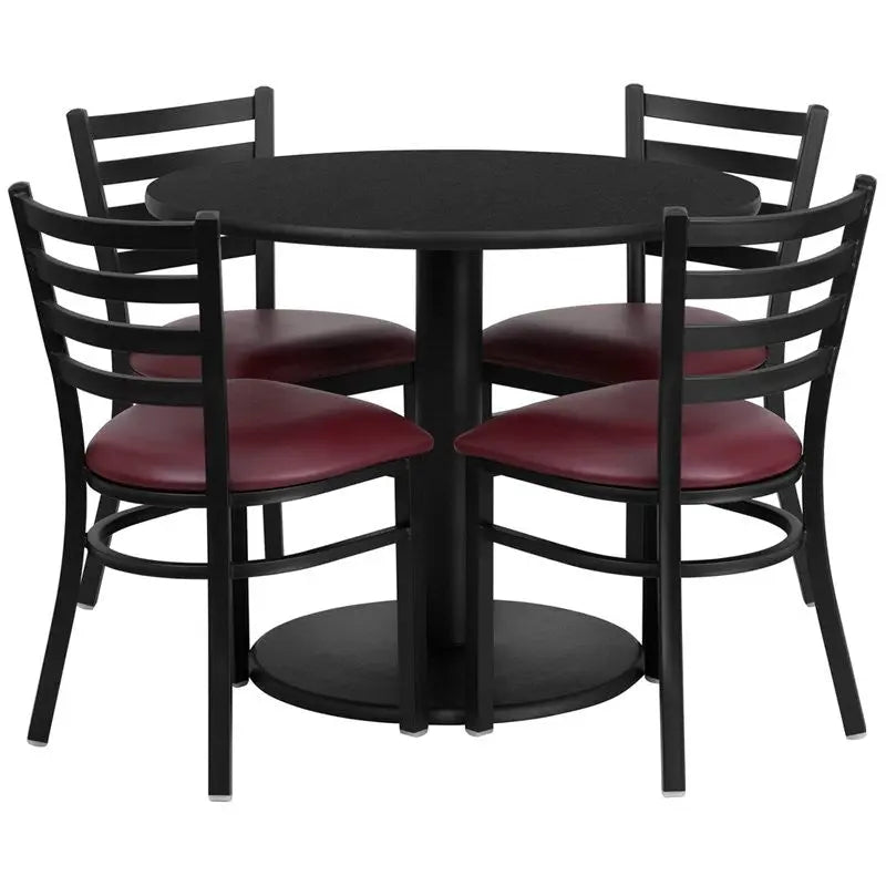Dyersburg 5pcs Table Set Round 36" Black Laminate, Burgundy Vinyl Chair iHome Studio